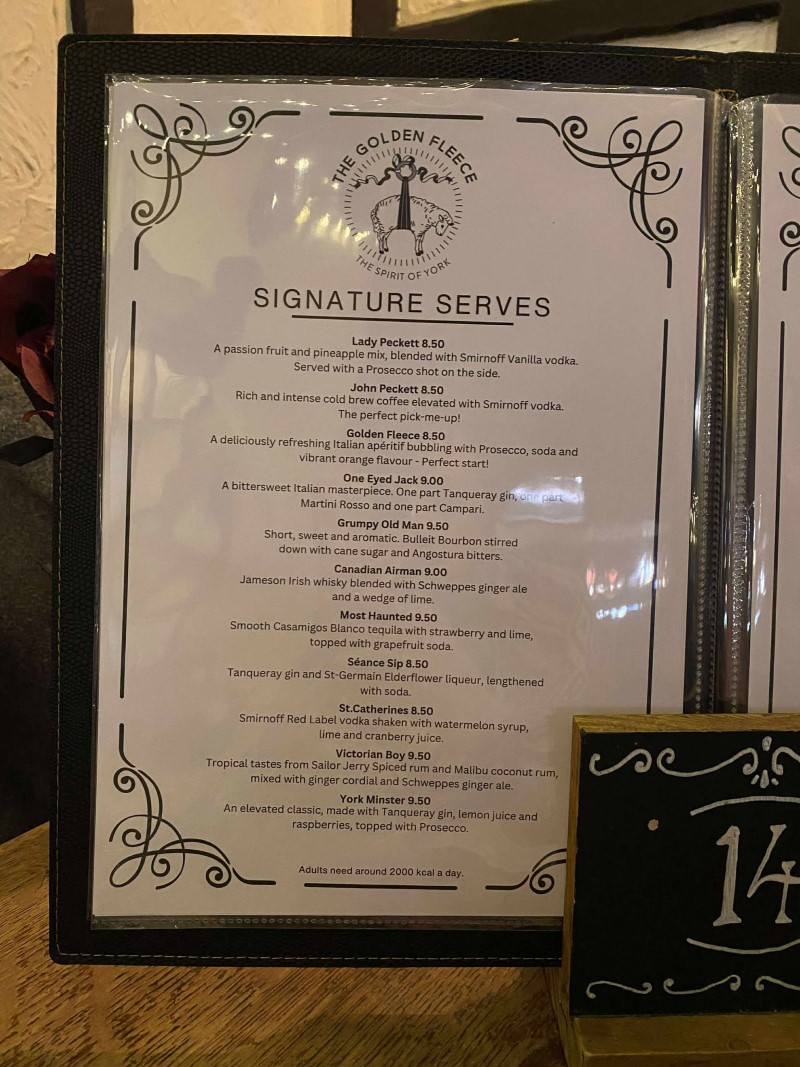 The Golden Fleece York Bottomless Brunch Menu