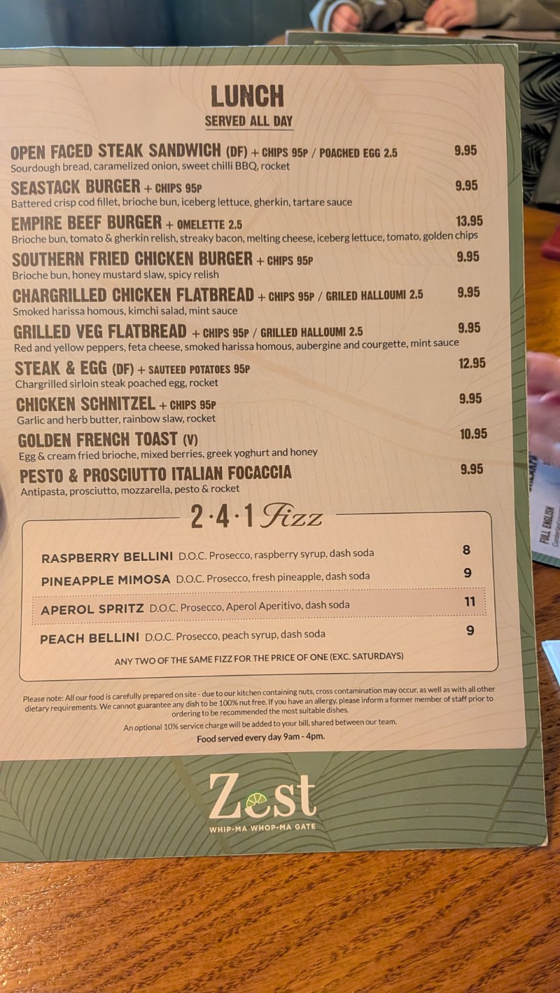 Zest York menu
